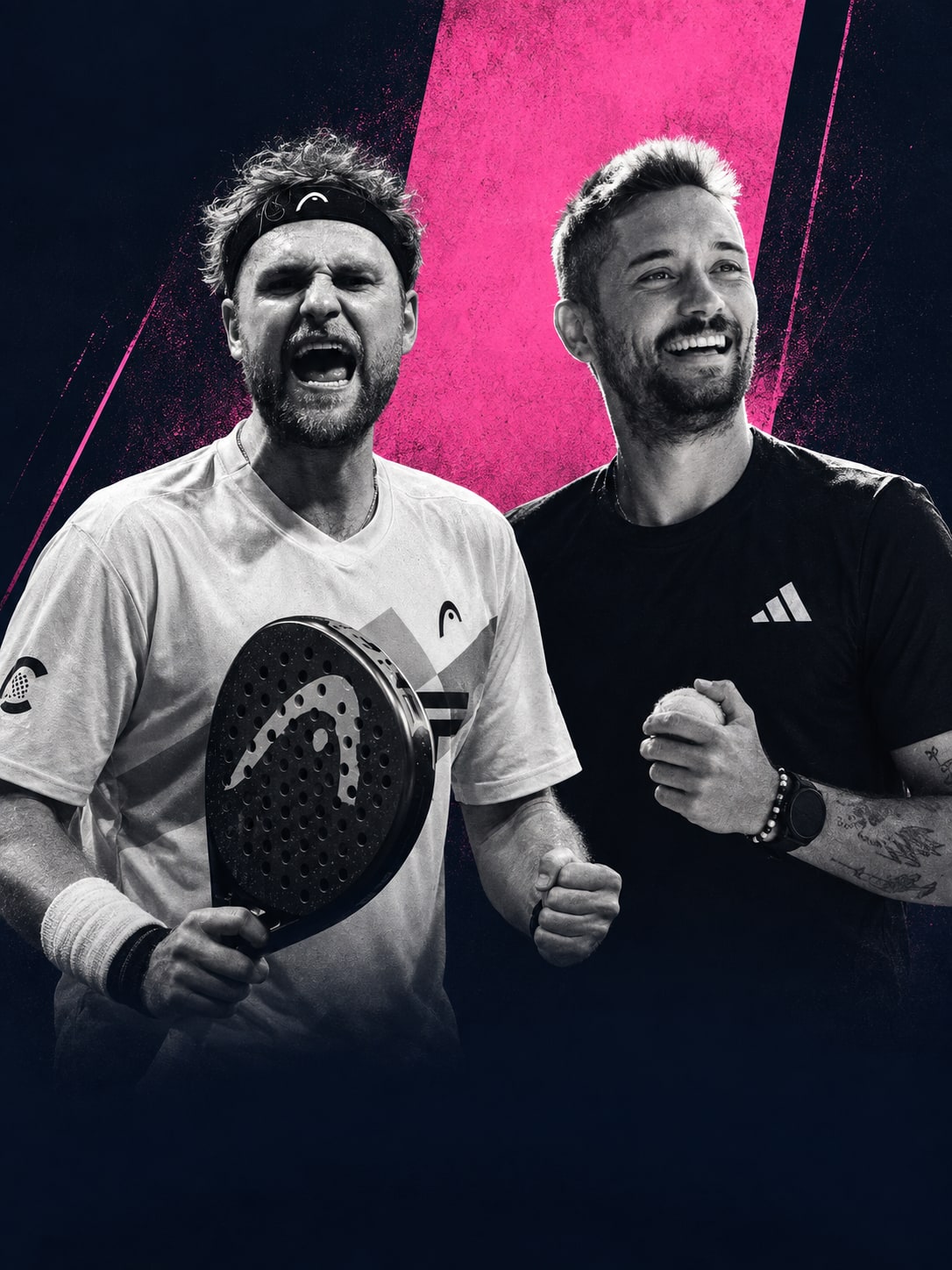 Benjamin Fitzon roaring and Moritz Leitner smiling in the magenta Creator × Profi team artwork