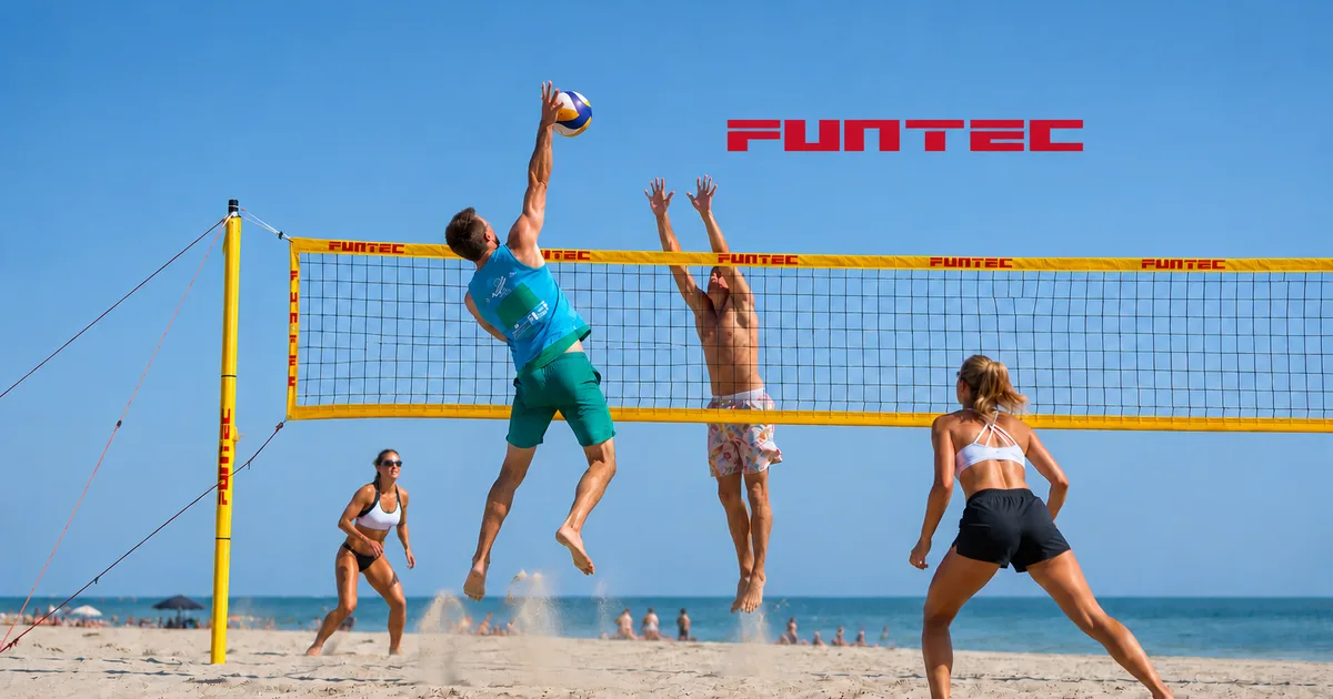 Four players at a Funtec beach volleyball net on the beach